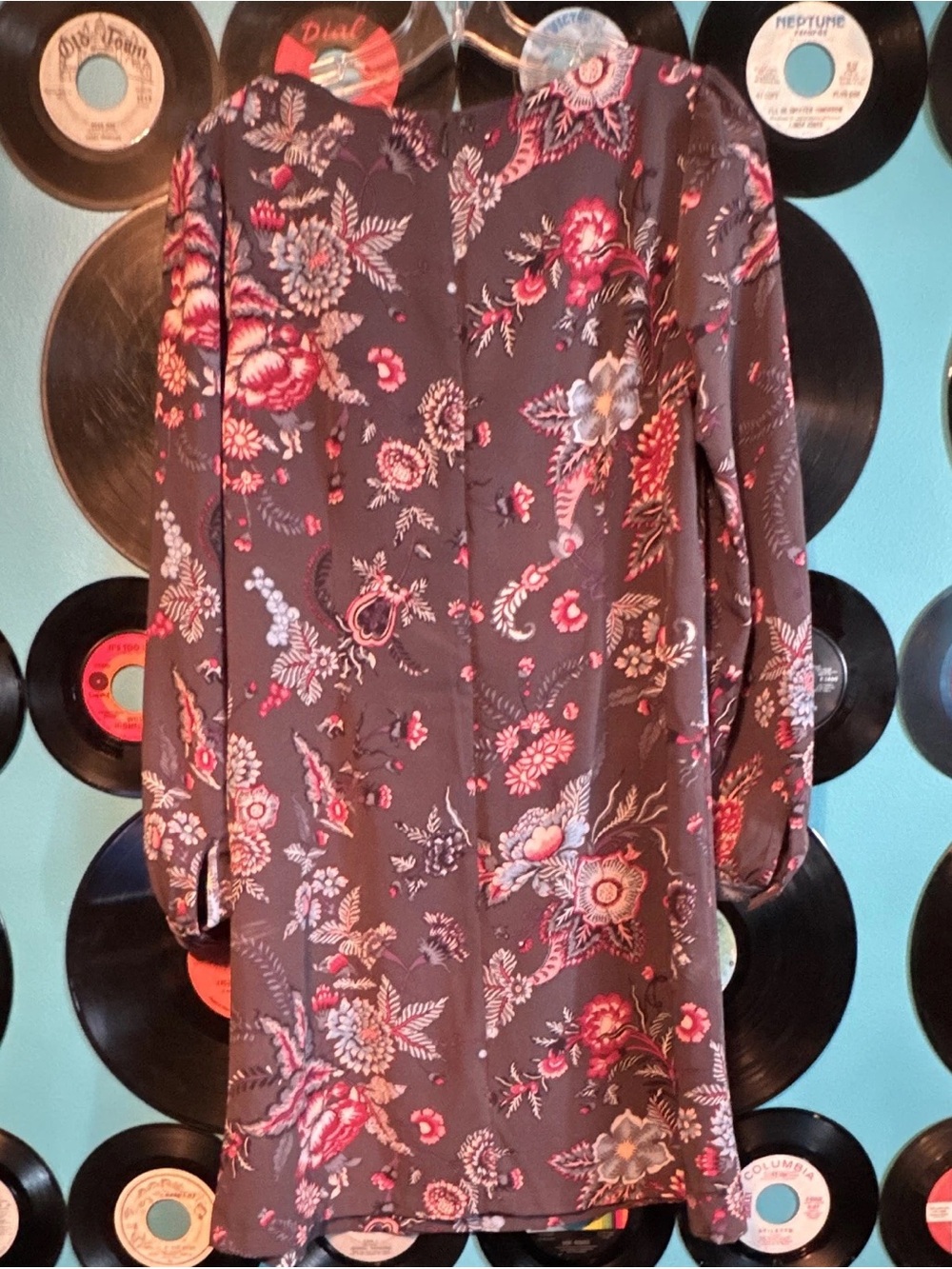 LOFT Brown Floral Long-Sleeve Shift Dress with Pink Accents